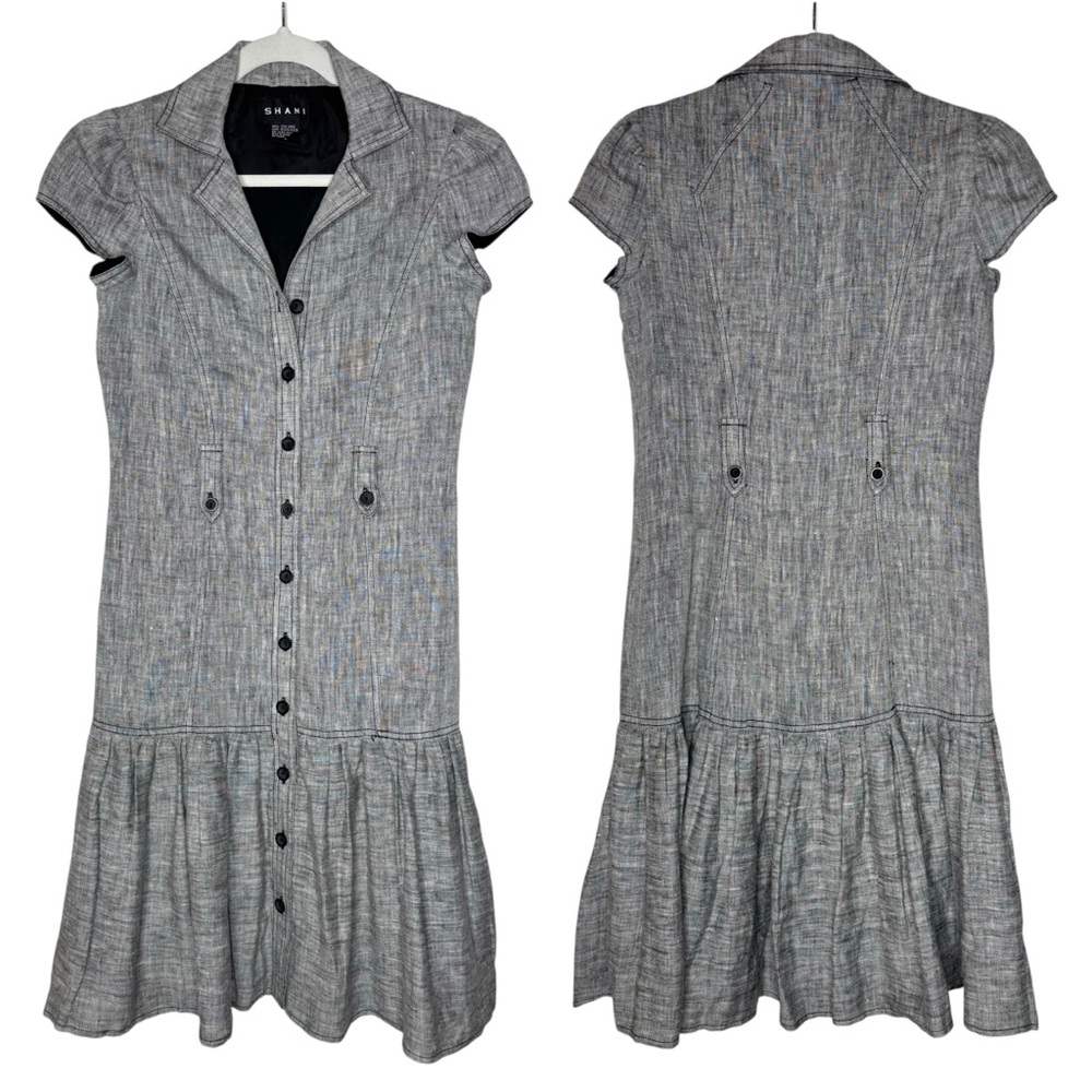 SHANI Linen Drop Waist Gray Ruffle Dress Size 4 ASO Melinda Clarke